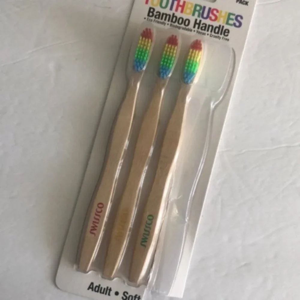 Swissco Rainbow 3 pc Toothbrushes Bamboo Handle Adult Soft Open Box New